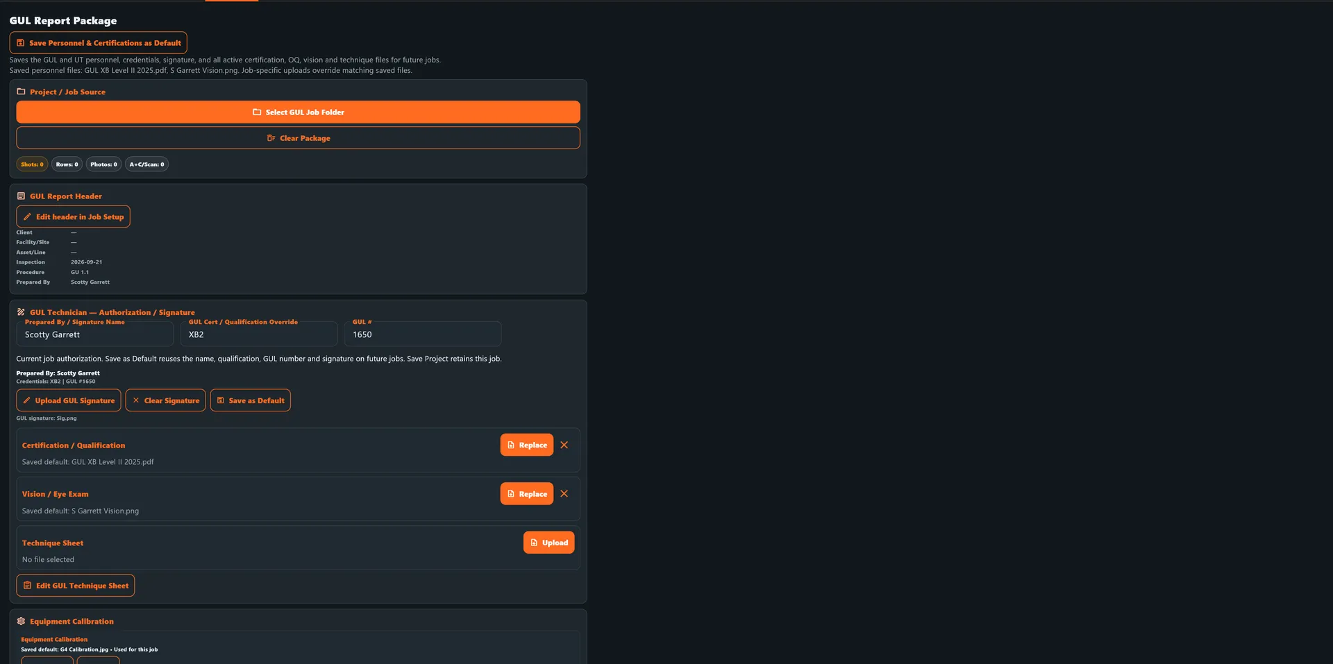 GUL report builder screen for importing project files, personnel, certifications, and technique sheet documentation